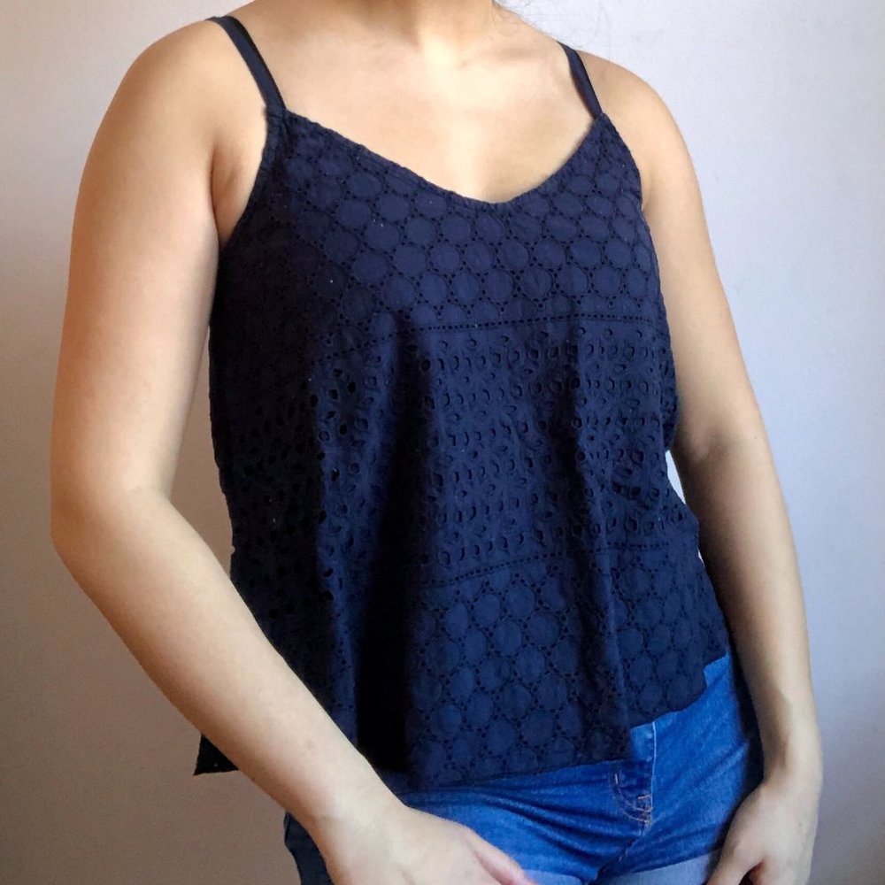 Navy Tank Top with Floral Cutout Detail Hollister
